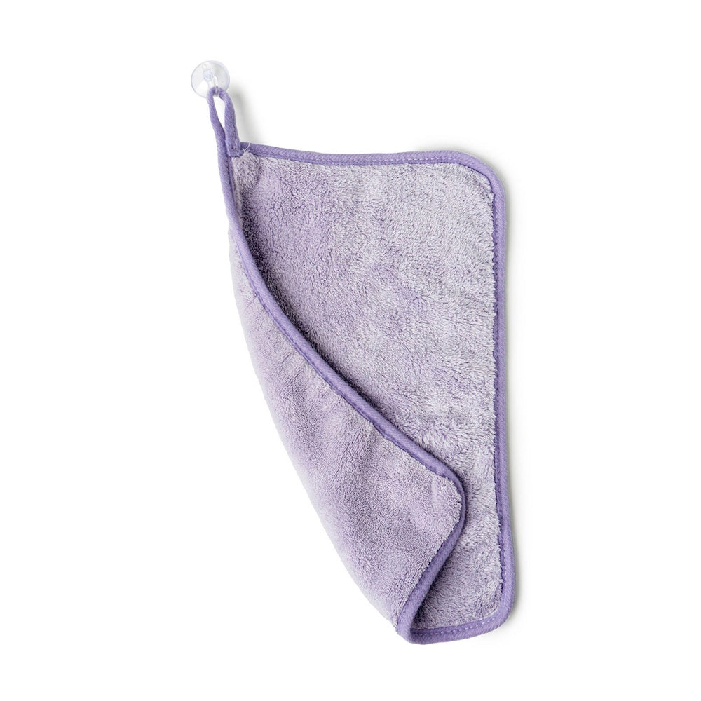 Purple Water Works makeup removing towel with a hanging loop and suction cup on a white background.