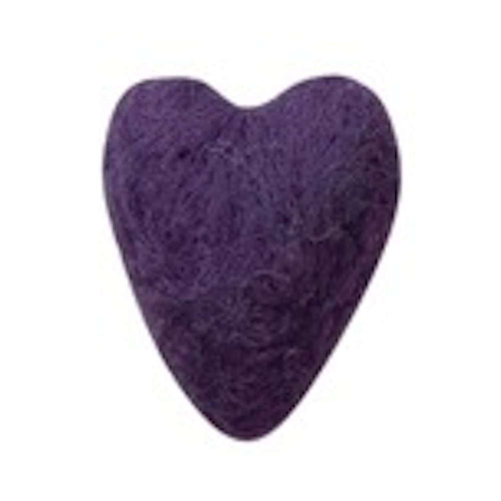 A small, purple, needle-felted wool heart with a fuzzy texture on a white background.