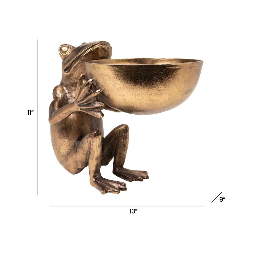 Bronze frog bowl sculpture with dimensions of 11 inches high, 13 inches long, and 9 inches wide.