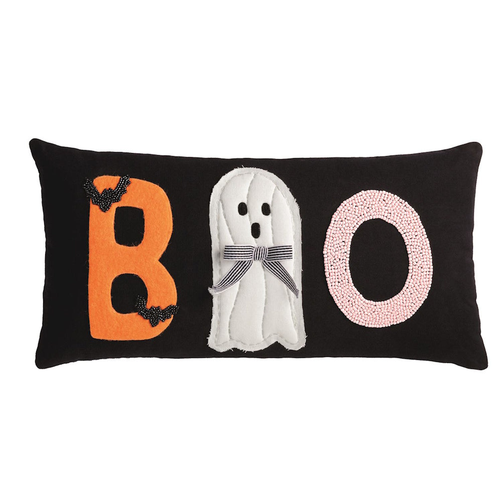 Black Halloween lumbar pillow spelling BOO with an orange B, quilted ghost, and pink beaded O decoration.