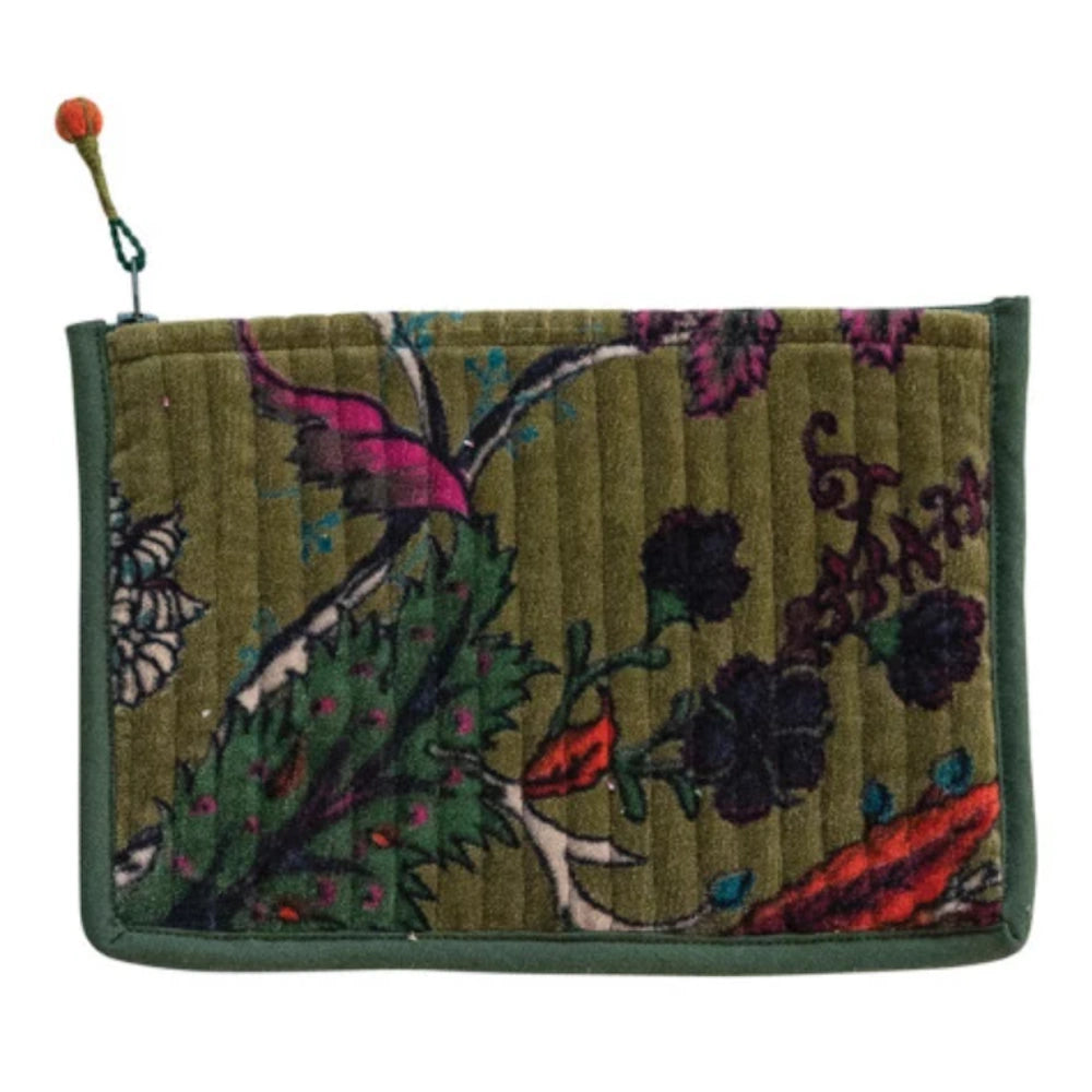 Quilted olive green velvet zip pouch with a floral pattern in pink and purple, featuring a decorative orange zipper pull.