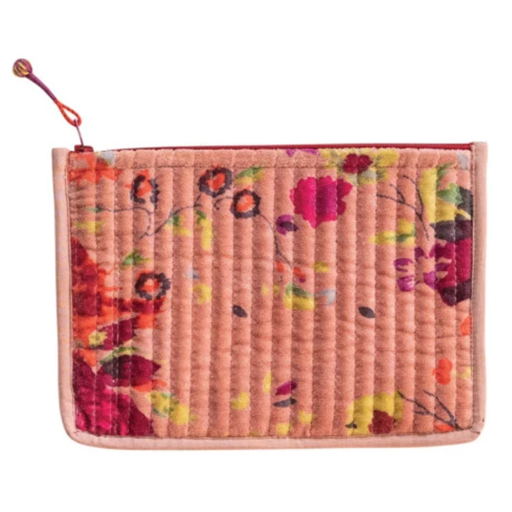 Quilted pink cotton velvet zip pouch featuring a colorful floral pattern and a top zipper with a decorative cord pull.