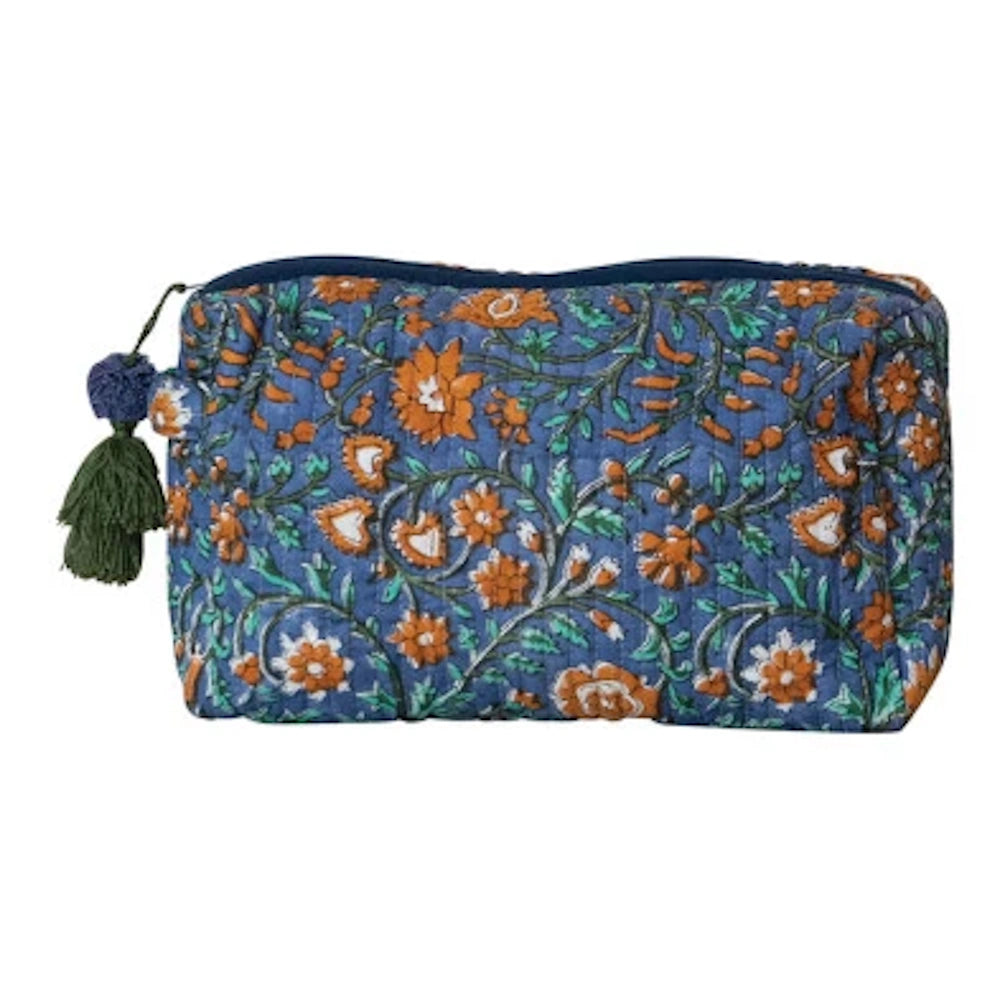 Blue quilted cotton voile zip pouch with an orange floral pattern and a green decorative tassel.
