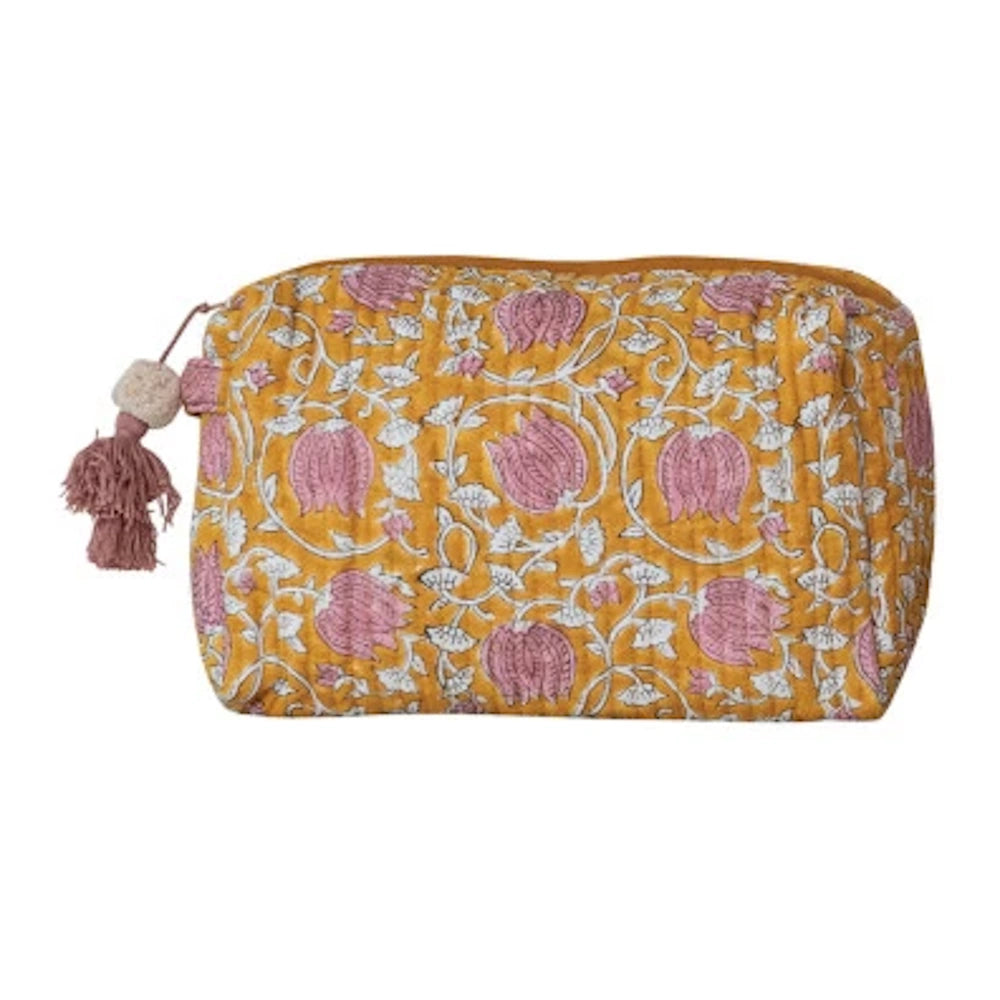 Quilted cotton voile zip pouch with a yellow and pink floral pattern and decorative tassel.
