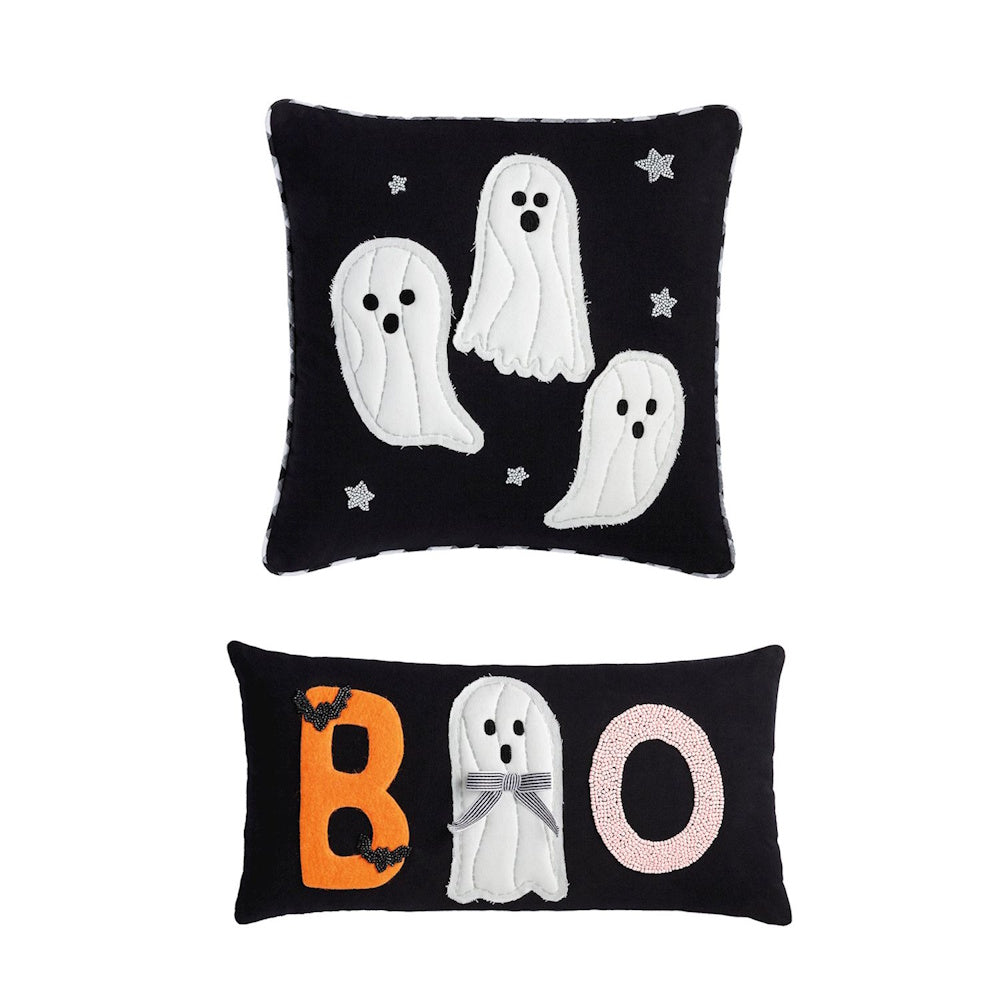 Black Halloween throw pillows featuring quilted white ghosts, silver stars, and a beaded "BOO" design.