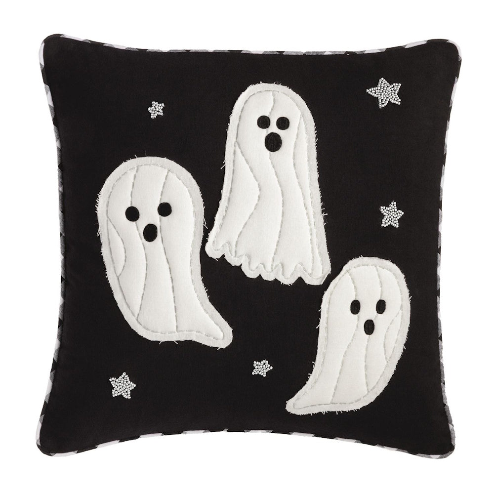 Black square Halloween throw pillow featuring three quilted white ghost appliqués and silver beaded stars.