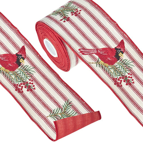 Ticking Stripe Cardinal Embroidered Wired Ribbon