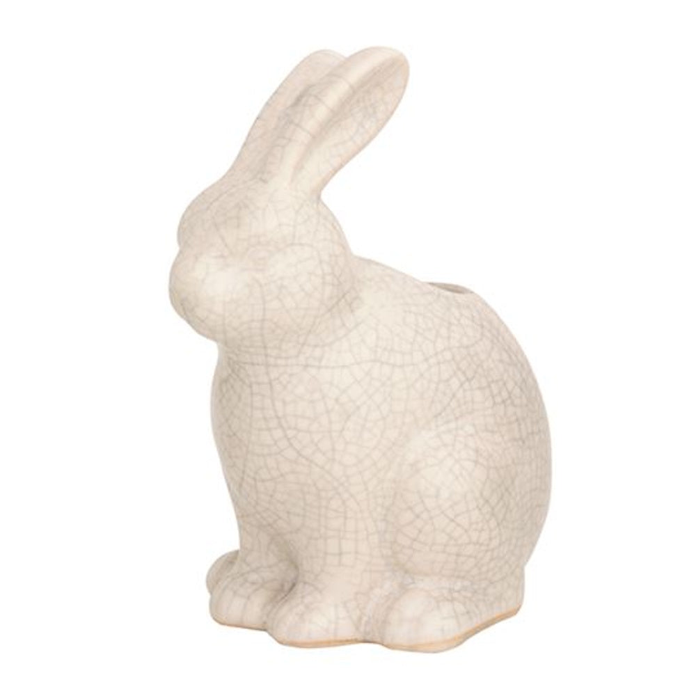 White ceramic rabbit bud vase with a vintage crackle glaze finish on a plain white background.