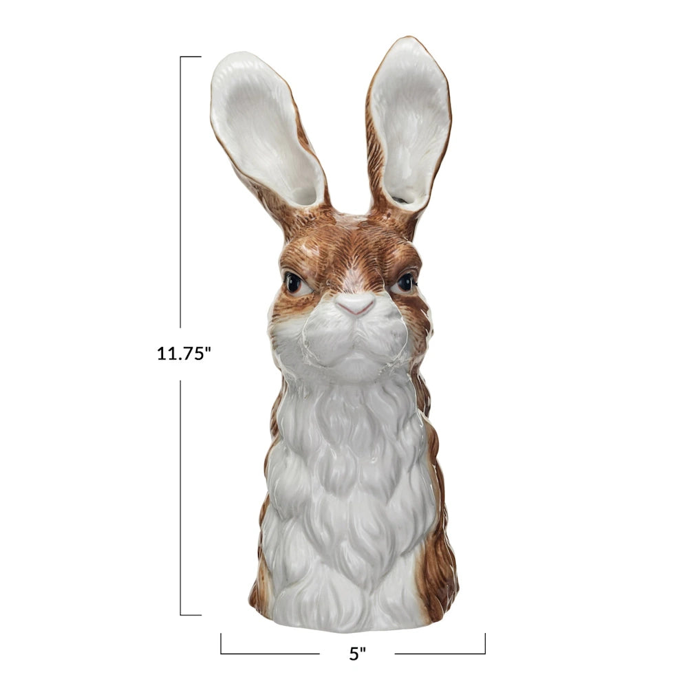 Hand-painted rabbit stoneware vase with brown and white fur details and dimensions, 11.75 inches by 5 inches.