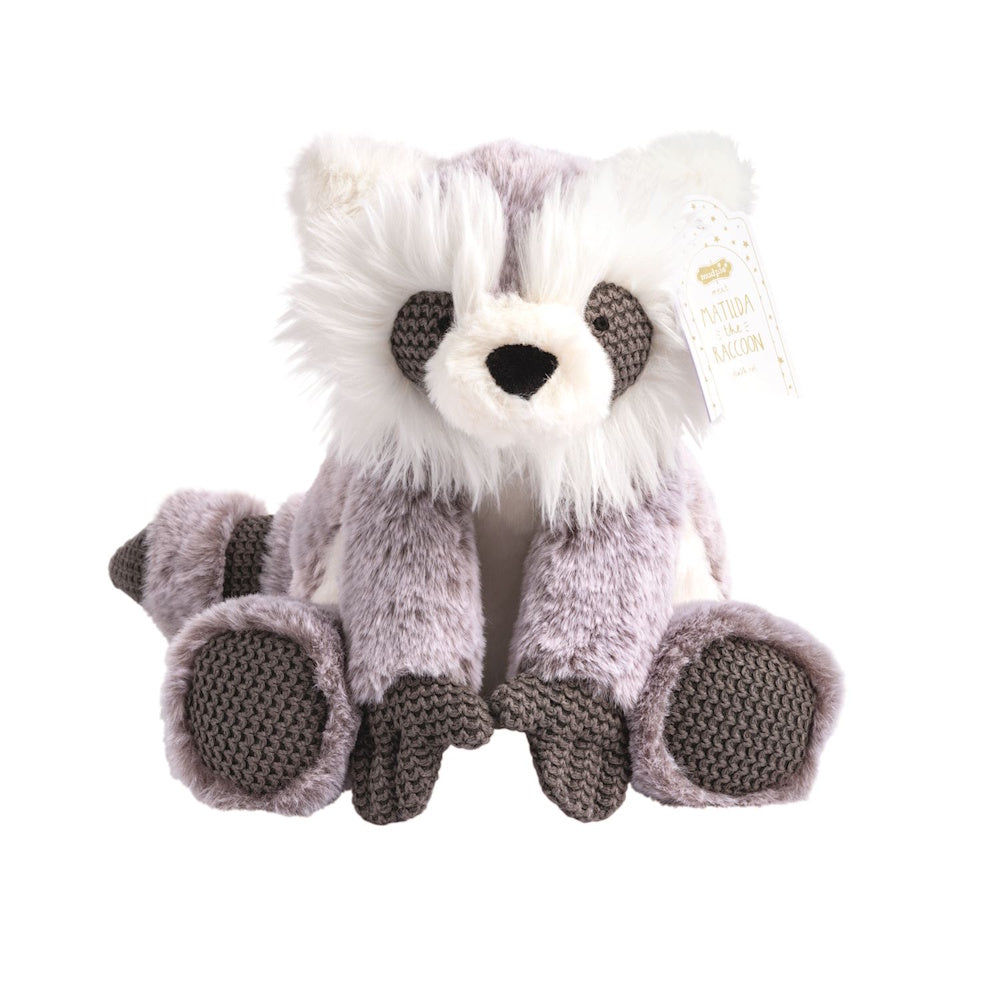 Fluffy grey and white stuffed raccoon toy sitting down with knit paw pads and a striped tail.