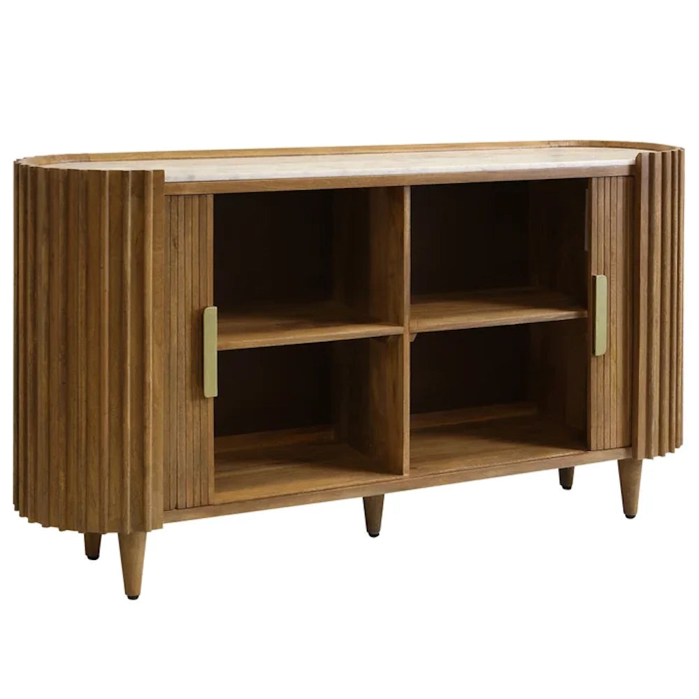 Mid Century Modern reeded wood and marble sideboard with open shelving and brass handles.