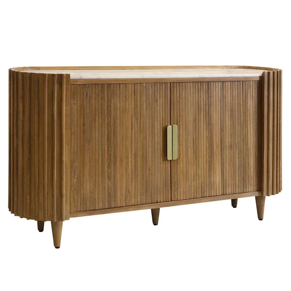 Mid-century modern-style sideboard crafted of ribbed wood, featuring an oval marble top and round tapered legs.