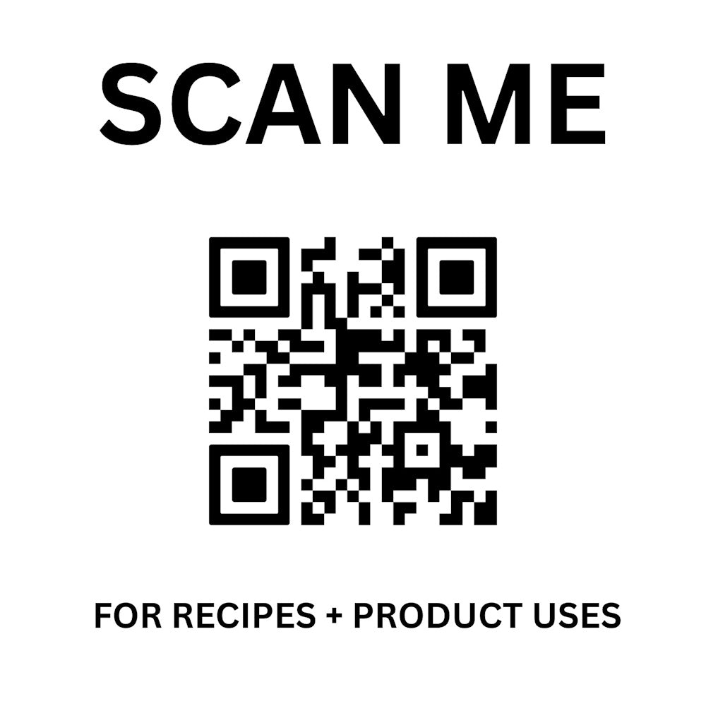A QR code centered on a white background with text that reads "SCAN ME FOR RECIPES + PRODUCT USES."