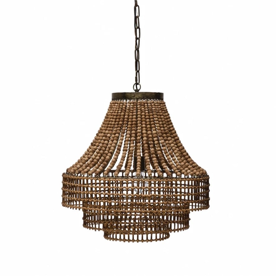 Metal, Rattan and Wood Bead Chandelier — alternate view 2