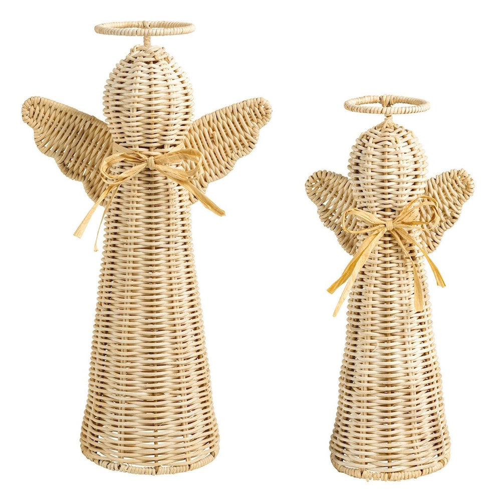 Two woven rattan angel figurines with raffia bows and halos.