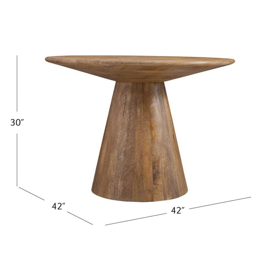 42-inch round wood pedestal dining table with dimensions of 30 inches high and 42 inches wide.