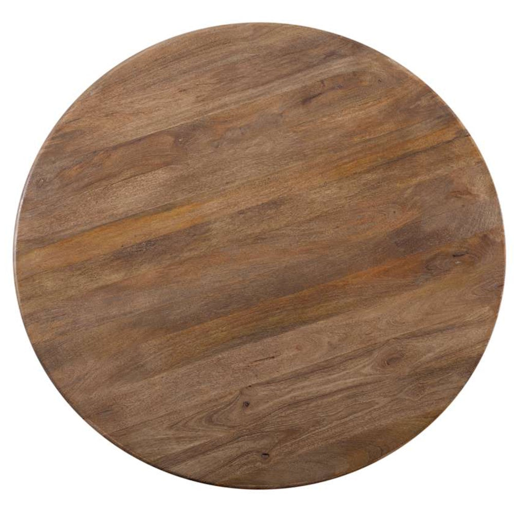Top-down view of a circular solid wood tabletop with a natural brown grain finish and rustic texture.