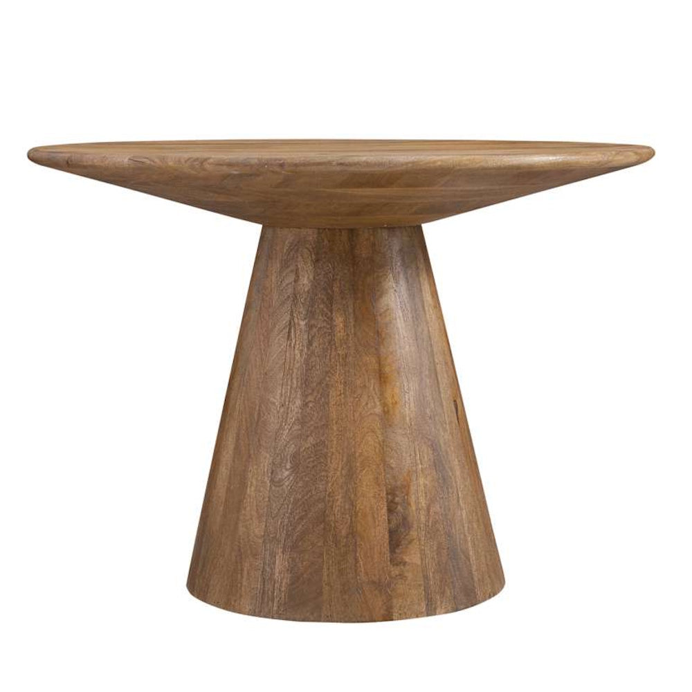 Round solid wood pedestal dining table with a natural grain finish and a tapered conical base on a white background.