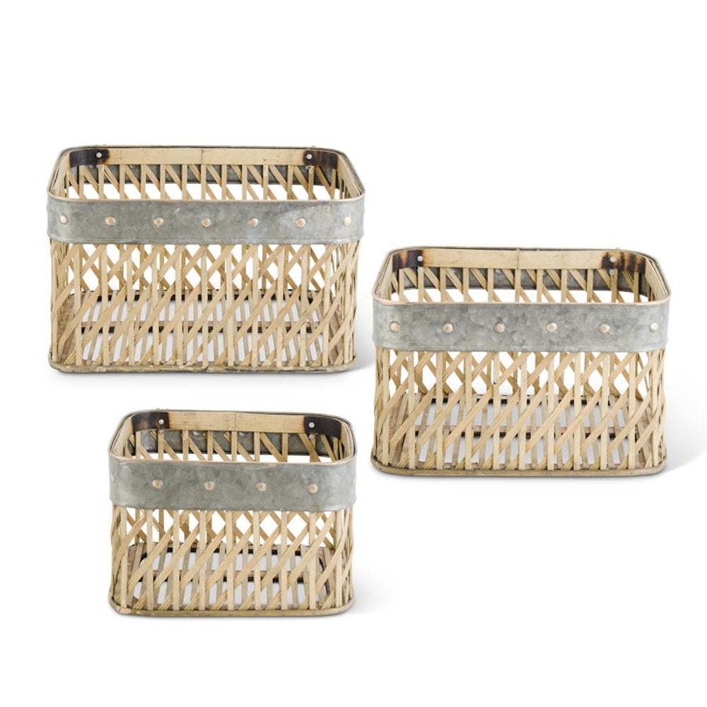 Large Rectangular Woven Bamboo Wall Basket with Metal Trim — alternate view 2