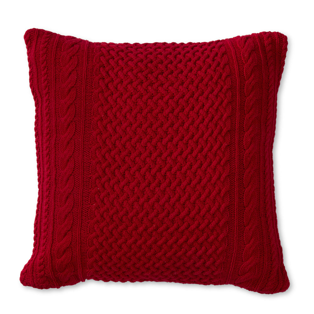 A square, vibrant red cable-knit throw pillow with intricate textured weaving on a white background.