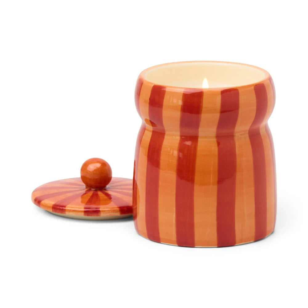 Red/Coral Striped Cabana with Lid Candle - Spiced Apple