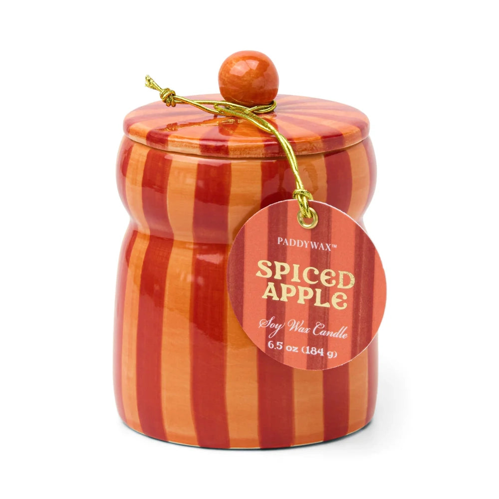 Red/Coral Striped Cabana with Lid Candle - Spiced Apple — alternate view 2