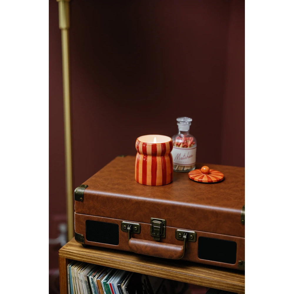 Red/Coral Striped Cabana with Lid Candle - Spiced Apple — alternate view 4