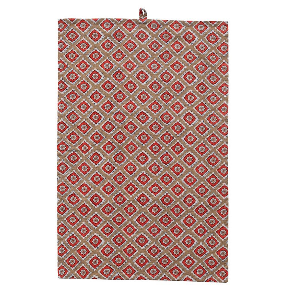 Red cotton slub tea towel featuring a white and orange geometric block print pattern with a convenient hanging loop.