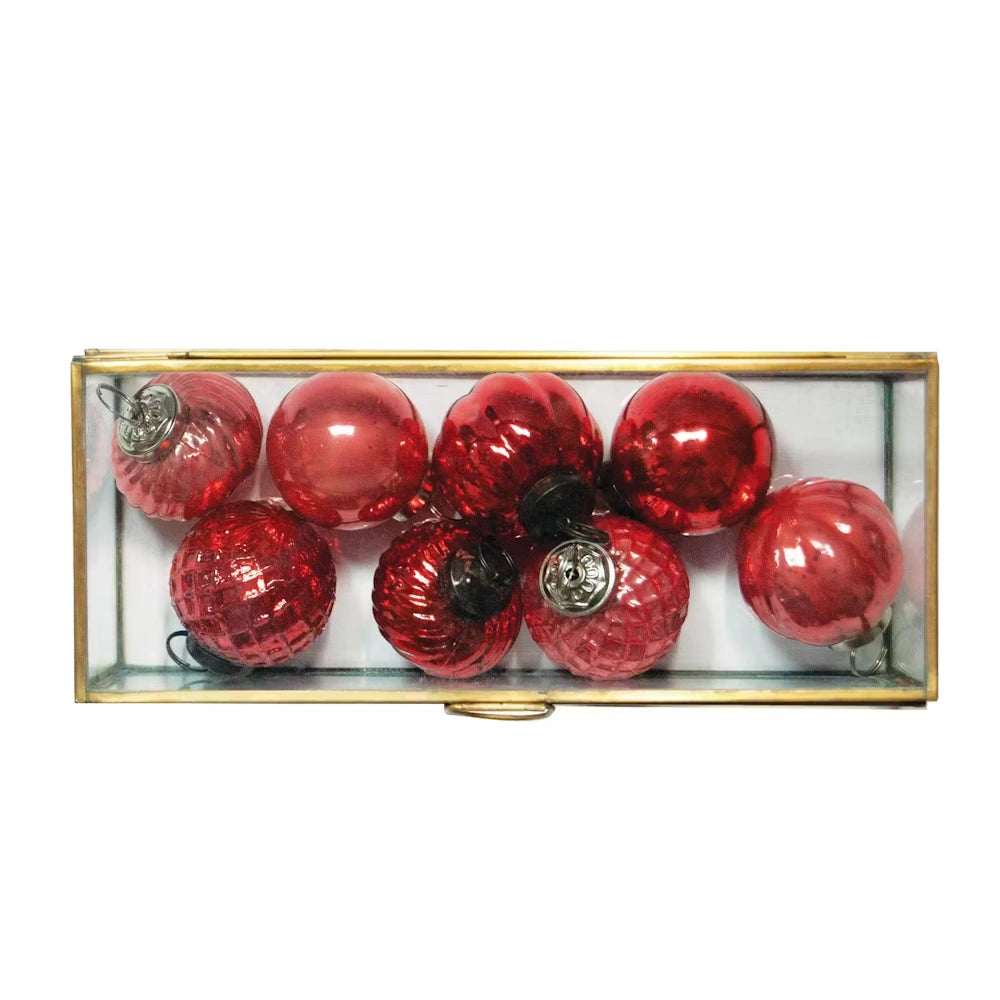 Red Embossed Mercury Glass Ornaments in Display Box