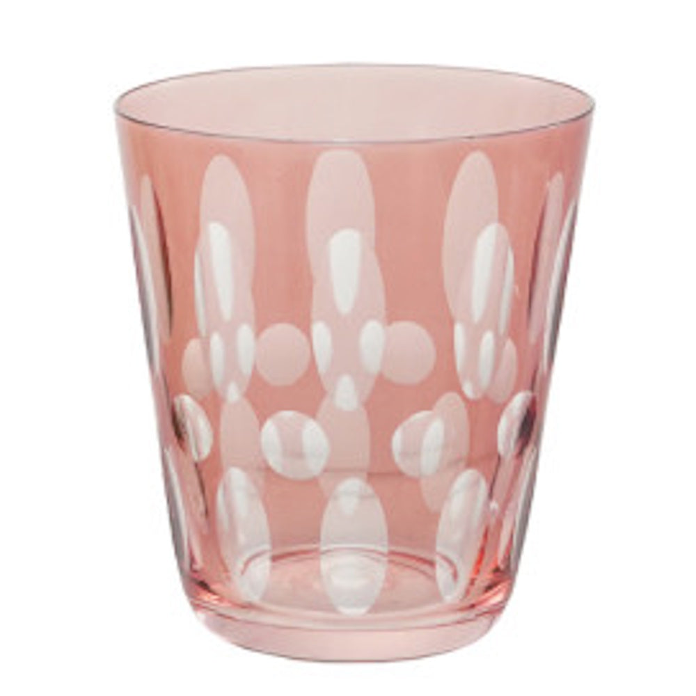 Pink-red drinking glass featuring a white etched oval and polka dot pattern.