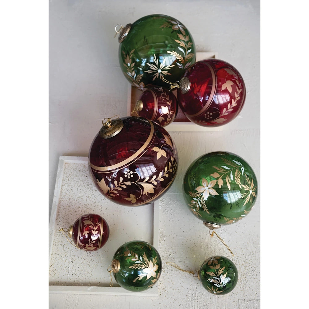 Red & Gold Finish Glass Ball Ornament with Botanicals — alternate view 2
