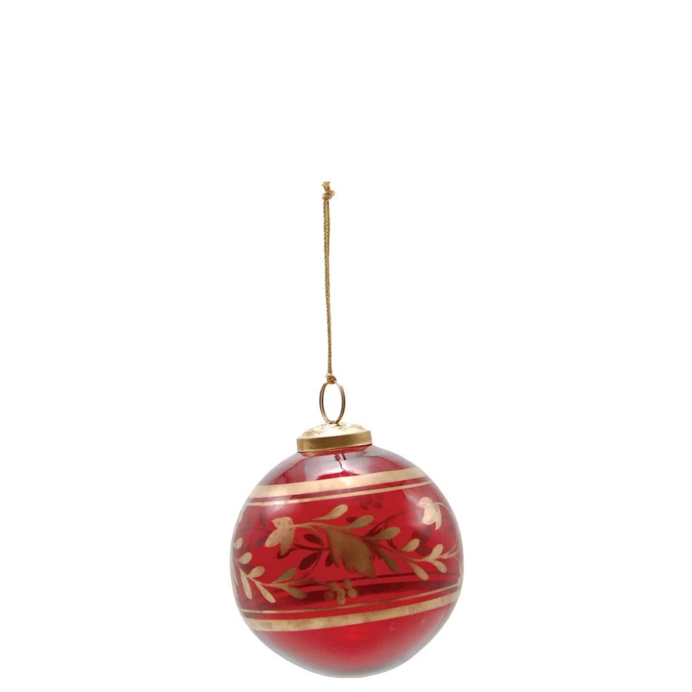 Red & Gold Finish Glass Ball Ornament with Botanicals — alternate view 3