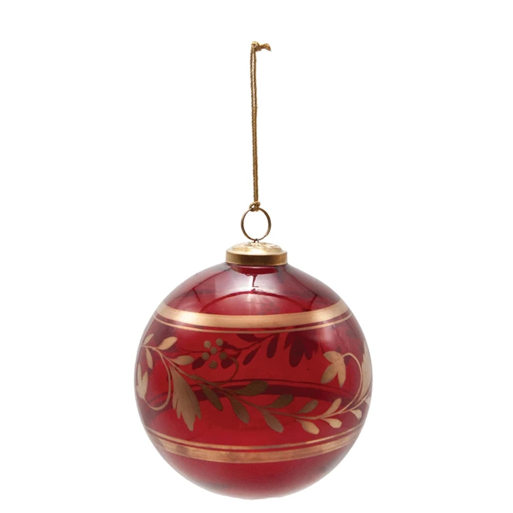Red & Gold Finish Glass Ball Ornament with Botanicals — alternate view 4