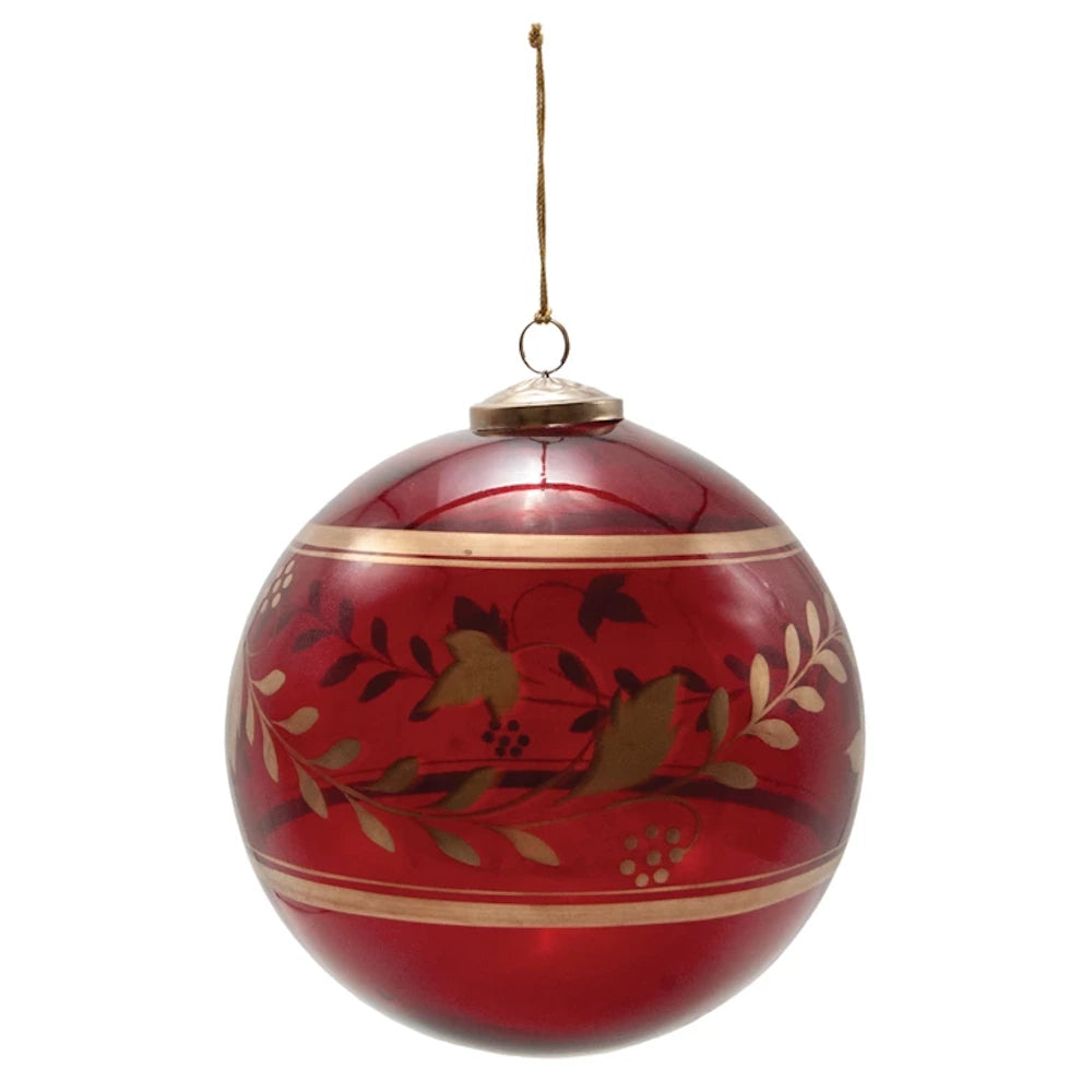 Red & Gold Finish Glass Ball Ornament with Botanicals — alternate view 6