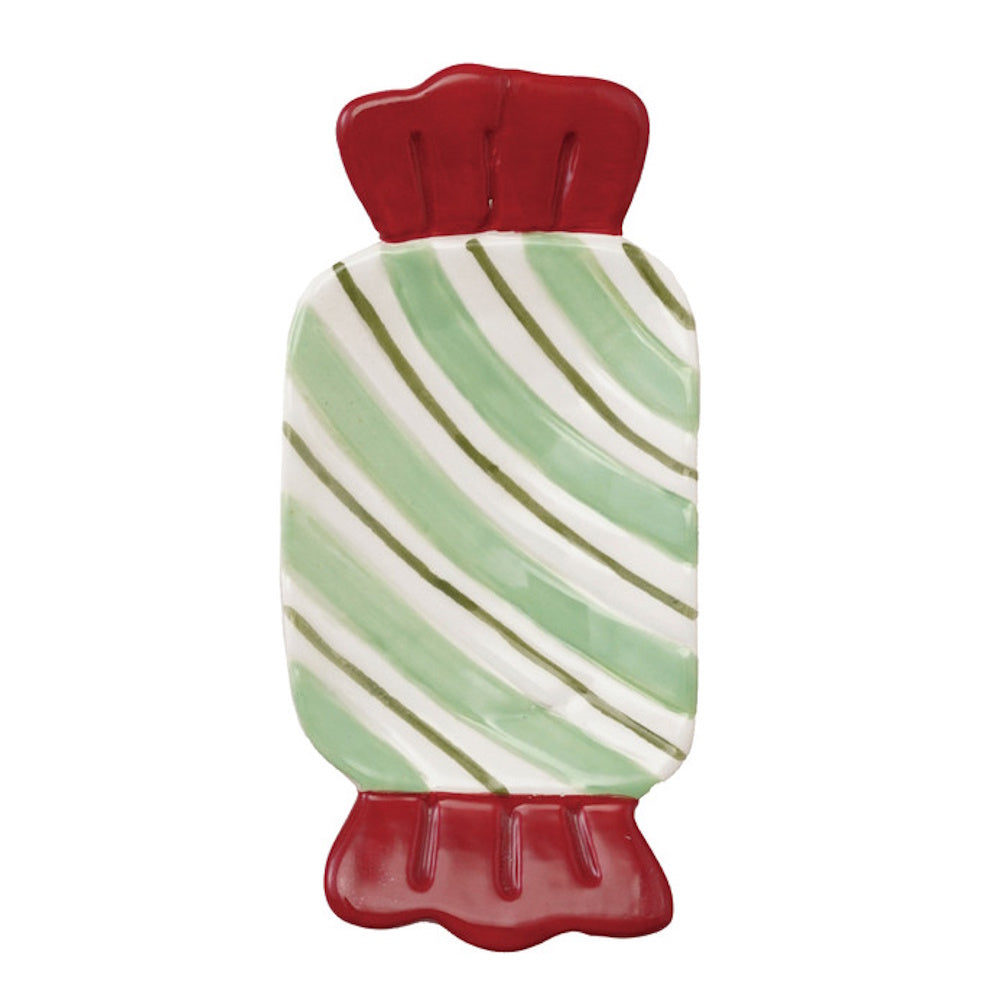 Candy-shaped ceramic dish with green and white diagonal stripes and red ruffled wrapper ends.