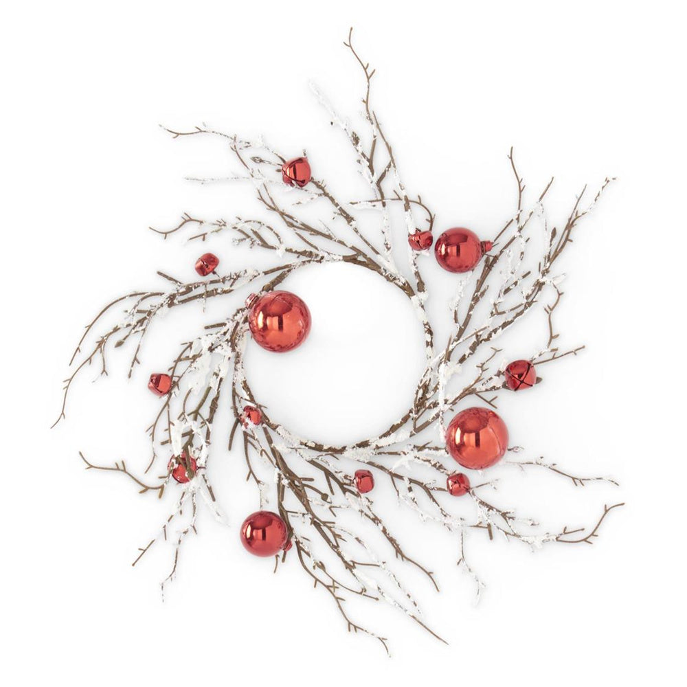 Red Ornaments & Bells Glittered Flocked White Candle Ring