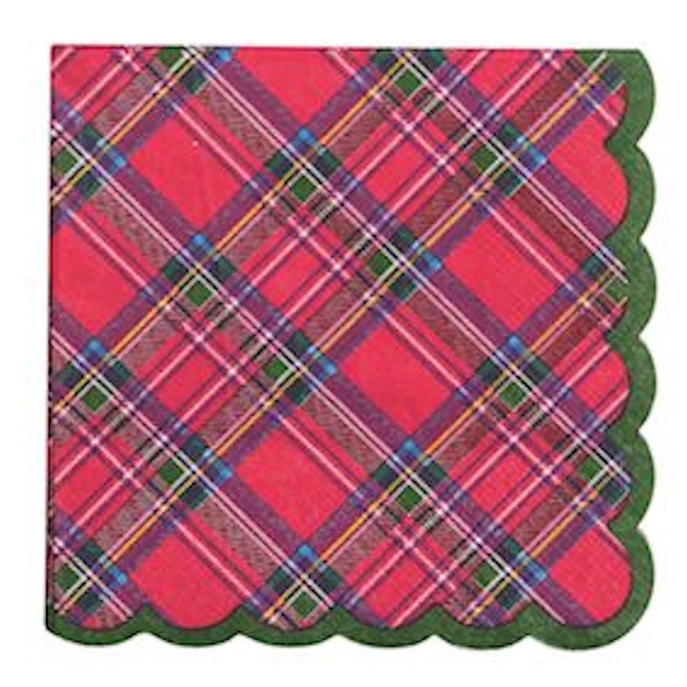 Red tartan plaid cocktail napkin with green scalloped edges.
