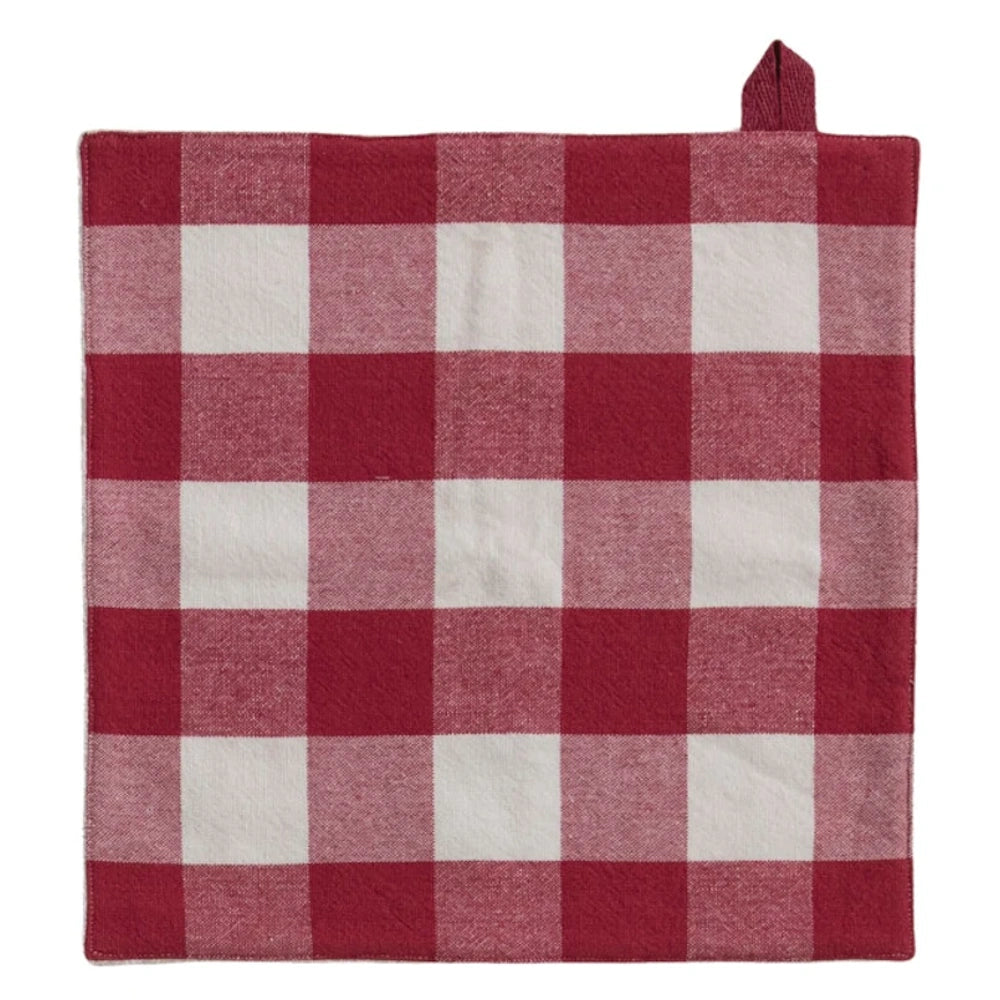 Red and off-white gingham checkered woven cotton dish cloth with a hanging loop at the top corner.