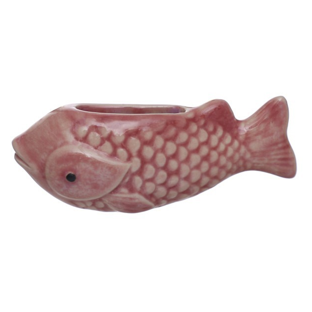 Red stoneware fish mini vase with magnet featuring textured scales and a glazed pink finish for home decor.