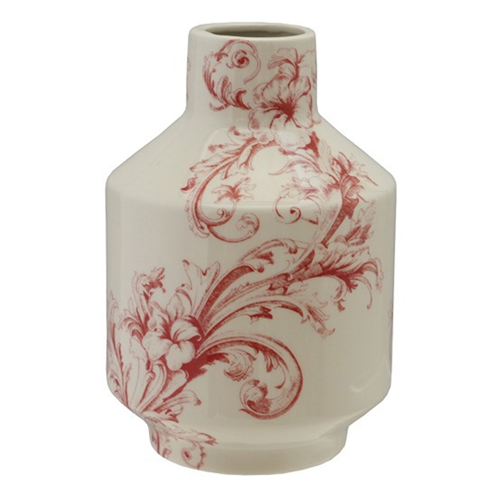 White stoneware vase with a red floral filigree pattern and tapered neck on a plain white background.