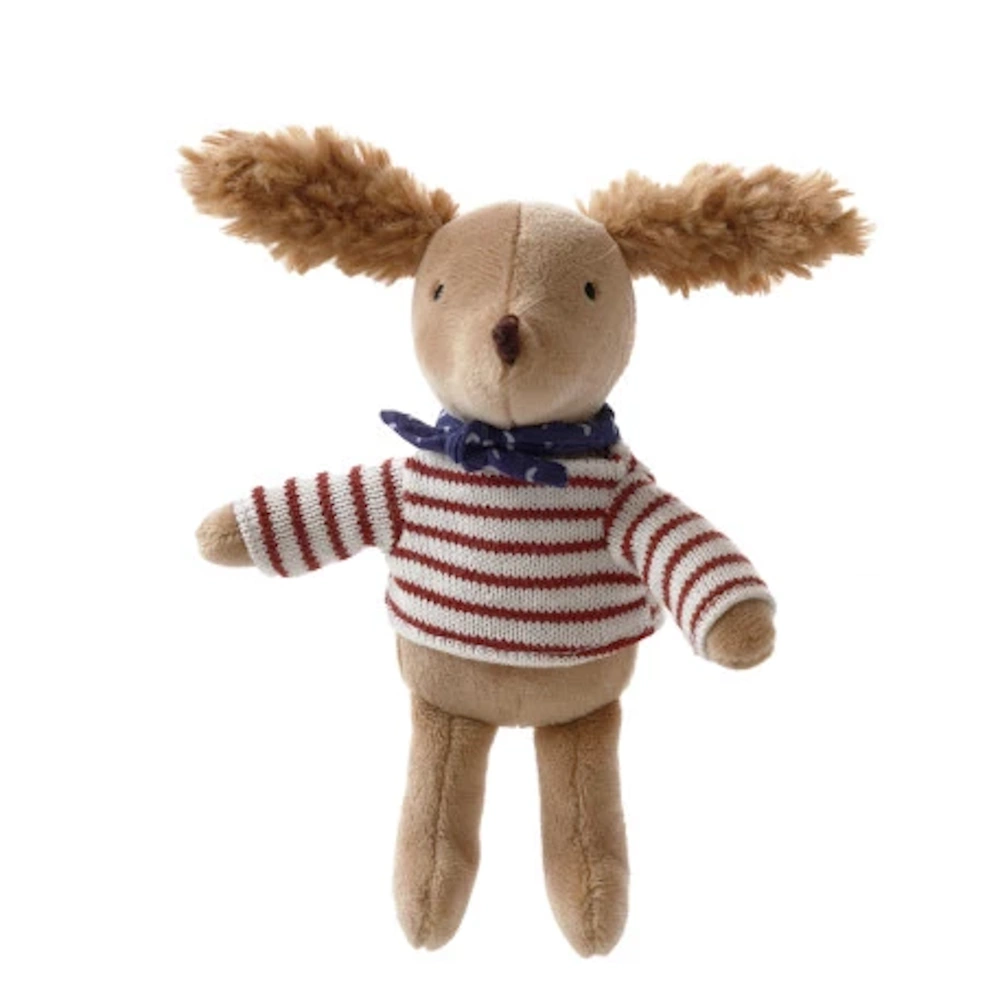 Stuffed tan dog doll with fluffy ears wearing a red and white striped sweater and blue necktie on a white background.