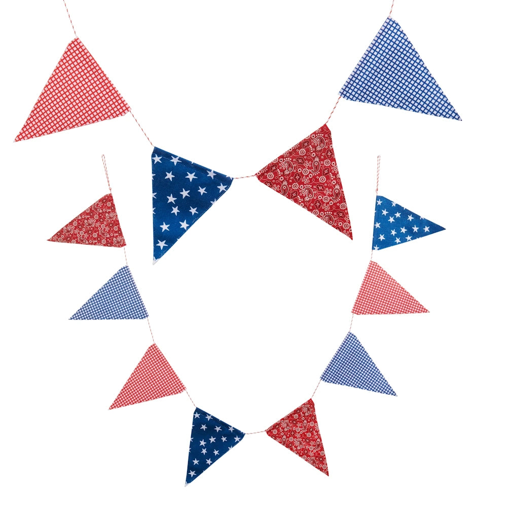 Red, white, and blue pennant garland with patriotic patterns including stars, paisley, and checkers on a white background.