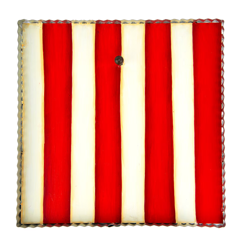 Front view of a square red and white striped metal display board with a fluted edge.