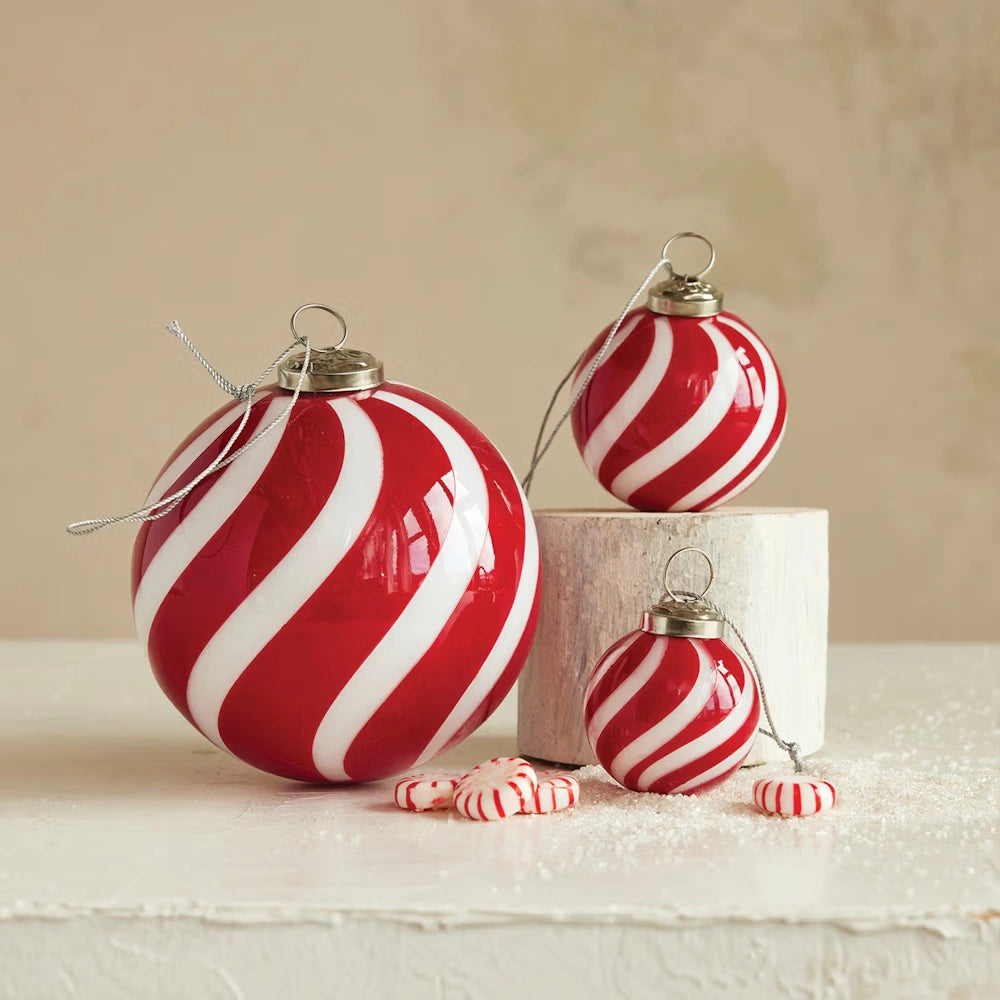 Red & White Glass Ball Ornament with Stripes