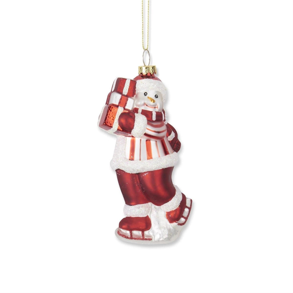 Red & White Glittered Blown Glass Snowman with Package Ornament — alternate view 2