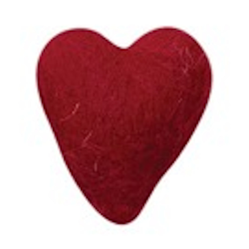 A small, red, needle-felted wool heart with a fuzzy texture on a white background.