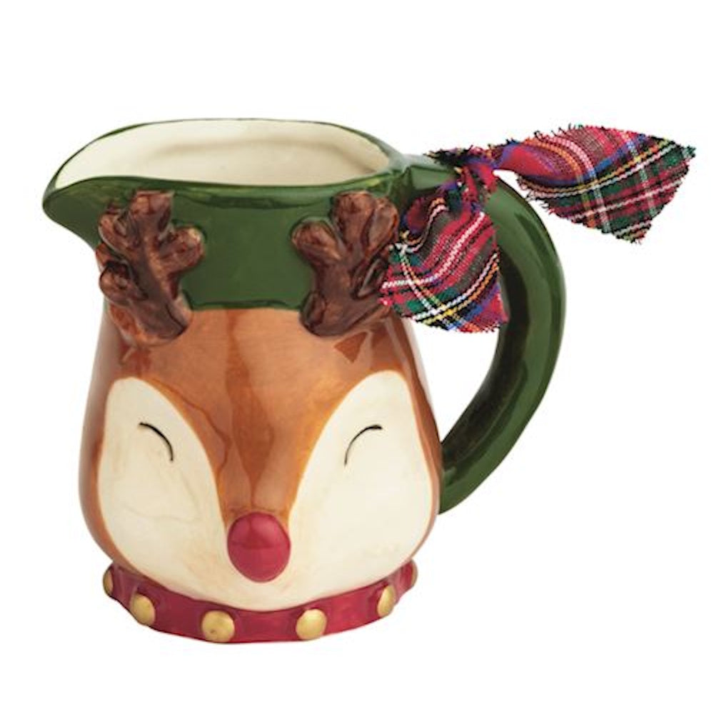 Ceramic reindeer mini pitcher with a red nose, green handle, and plaid ribbon tie.