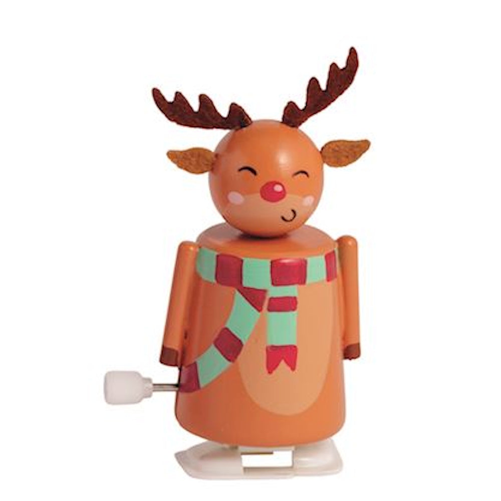 Brown reindeer Christmas wind-up toy wearing a red and green checkered scarf on a white background.