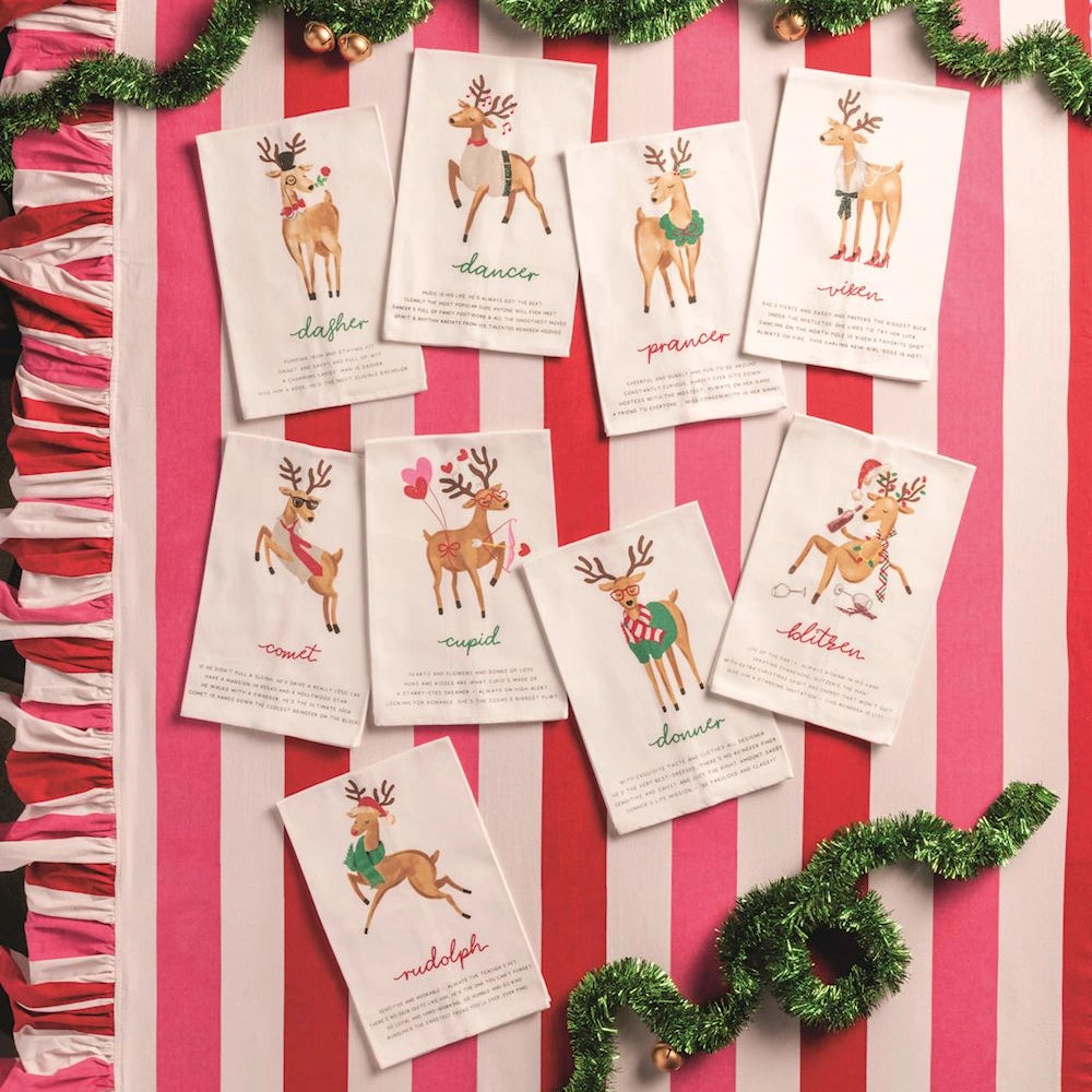 Set of nine white hand towels featuring illustrations of Santa's reindeer on striped fabric.