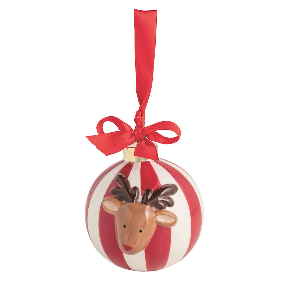 Red and white striped ball ornament with a 3D reindeer face and a red ribbon bow.